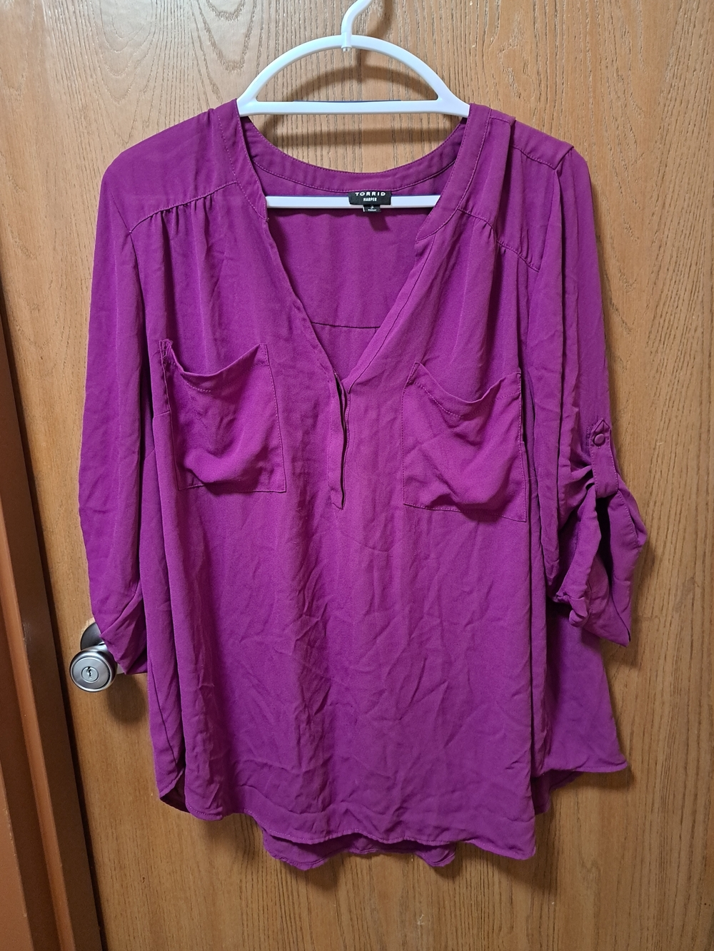 torrid Plum V-Neck Roll-Tab Sleeve Blouse